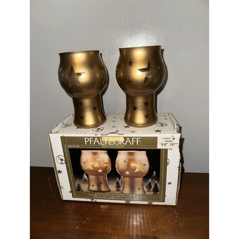 Pfaltzgraff Gold Star Mini Floating Pillar Candle Holder Set of 2 Christmas